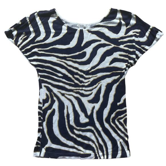 Cache Zebra Print Metallic Gold, Navy, & White Short Sleeve Sweater Small - Picture 2 of 13